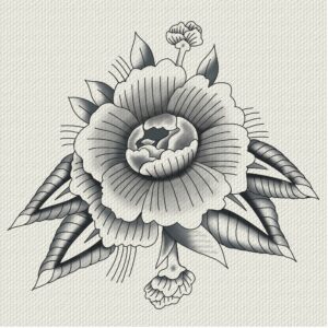 Black and white drawing of a peony