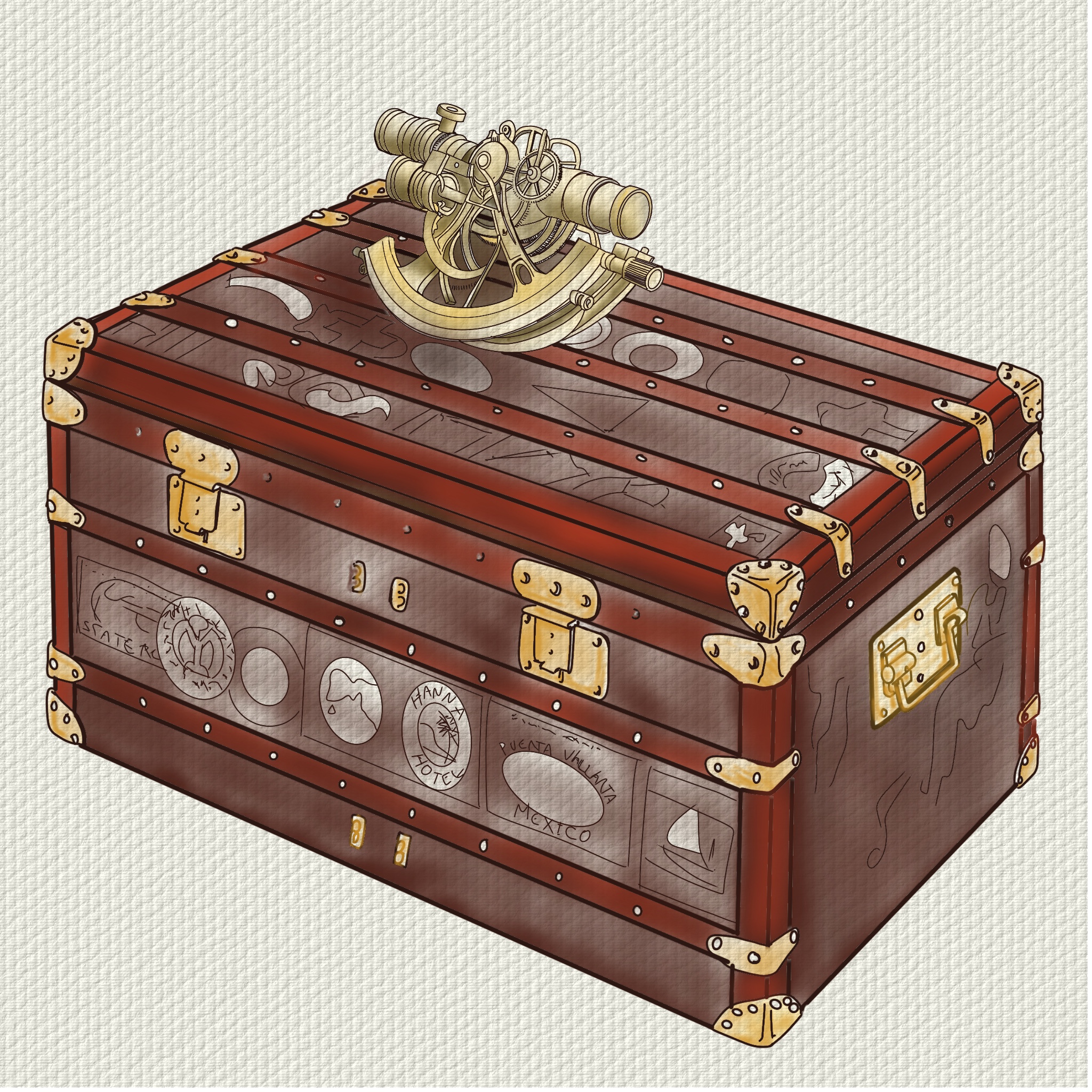 Original drawing of a steamer trunk and compass