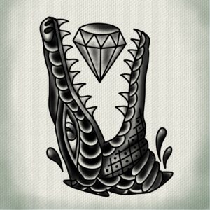 Traditional tattoo flash of an Alligator catching a gem in its teeth