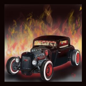 Original art of a hot rod and fire backdrop