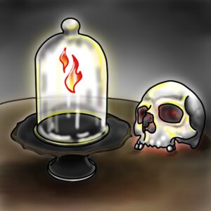 A flame captured in a bell jar as a skull sits next to it with a faint glow in its eye sockets
