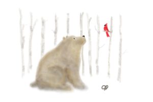 Brown bear and cardinal