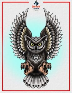 Traditional tattoo flash of a horned owl