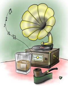 image of a phonograph playing records with a tobacco pipe and tumbler in the foreground