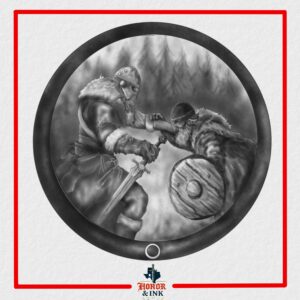 An image of two warriors, one helping another