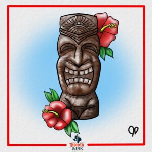 Tattoo flash art of a Hawaiian tiki with hibiscus flowers