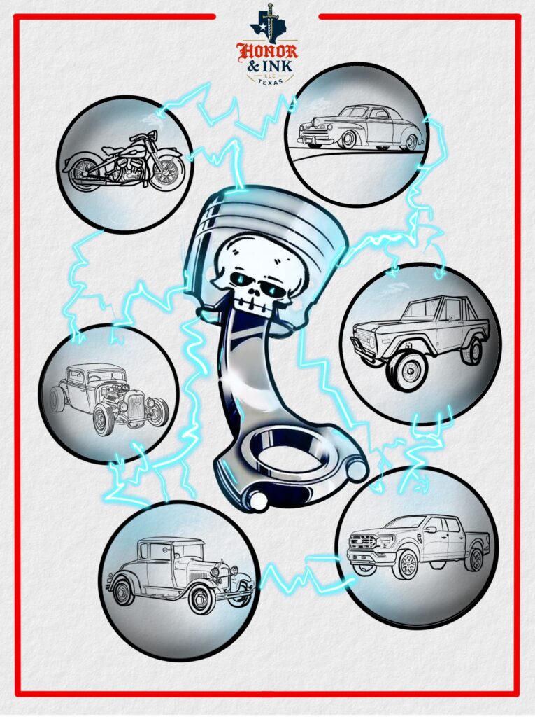 Tattoo flash art of a skull and piston surrounded by bubbles with vehicles