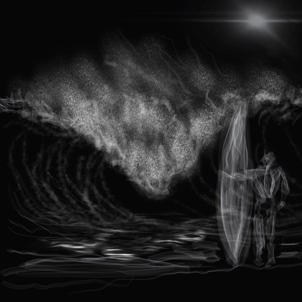 A light on dark image of a surfer looking out into large waves