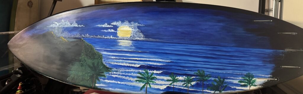 Original acrylic painting on an old surfboard