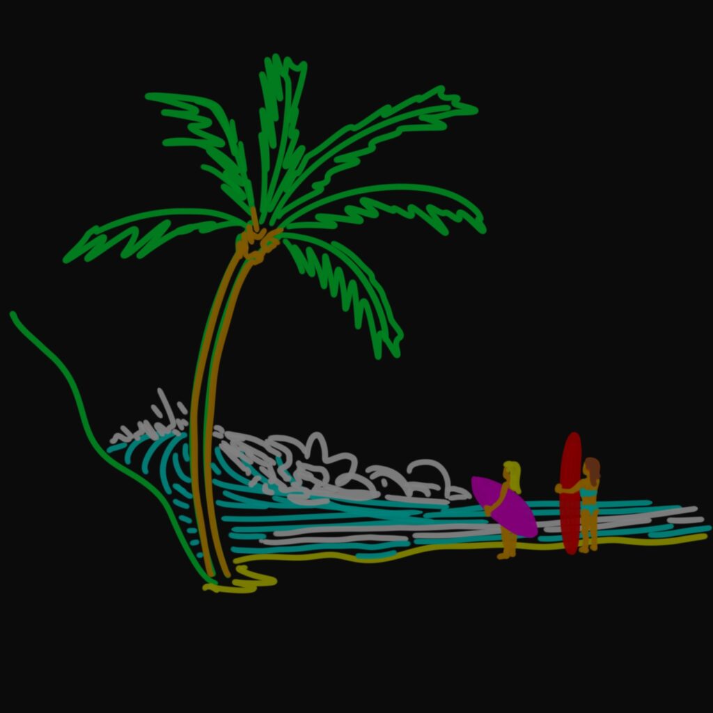 A color sketch of two women with their surfboards watching waves from the shore on a black background.