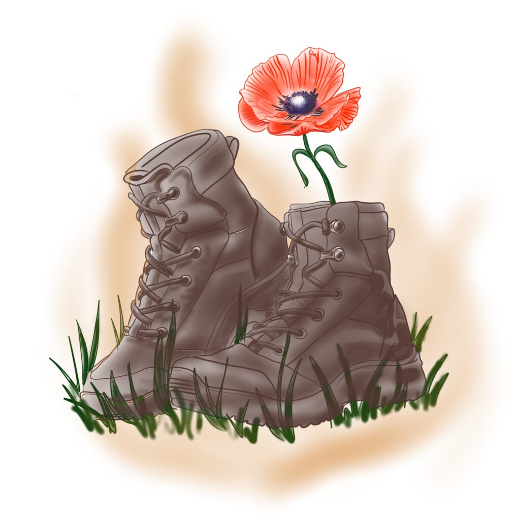 Artwork of combat boots with a poppy growing from them. 